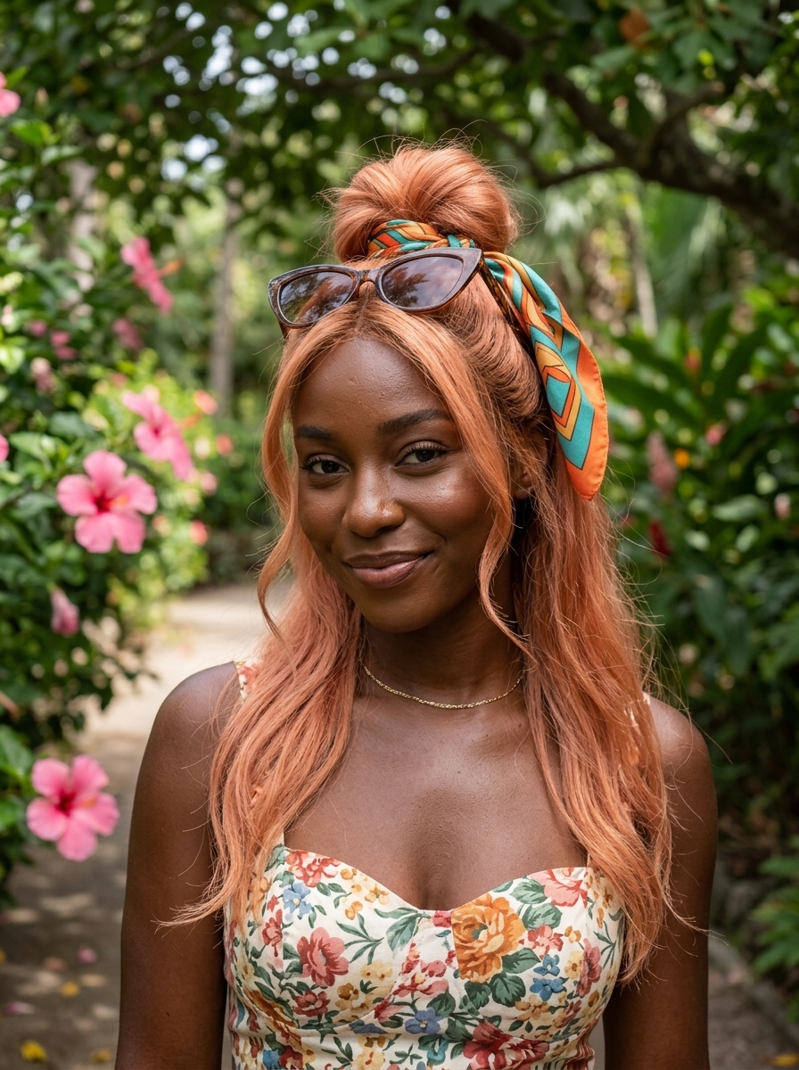 medium apricot blonde top knot with silk scarf and face-framing pieces for summer