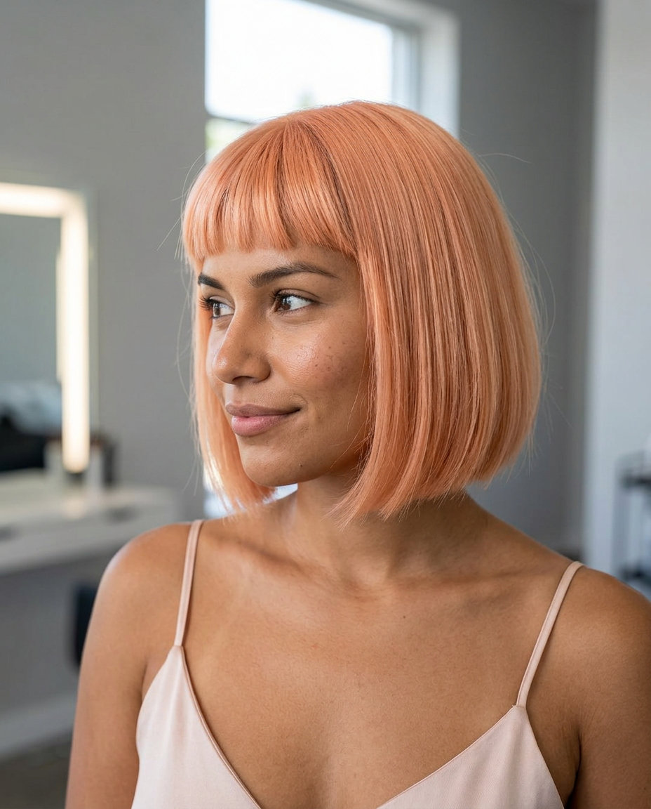 chin-length bob haircut with soft apricot crush, micro-fringe for playful edgy look