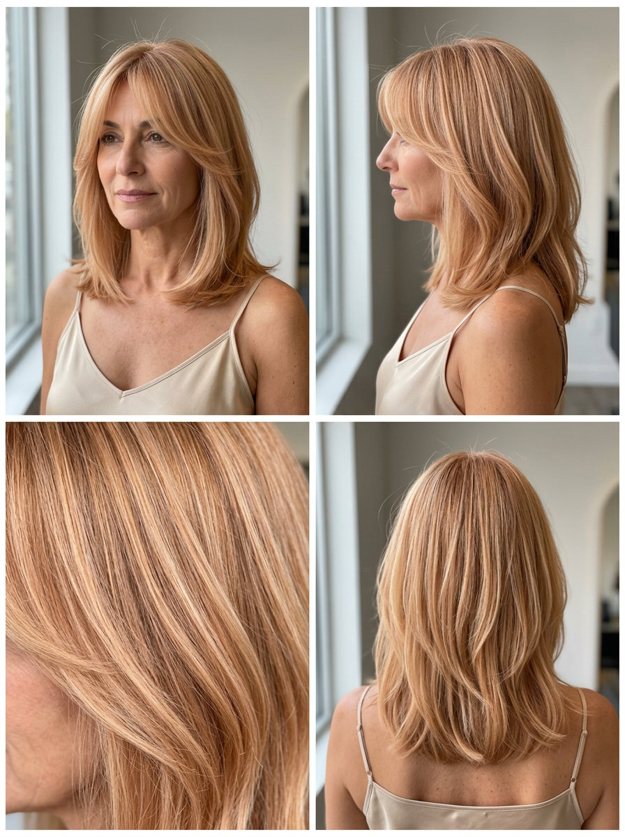collarbone-length apricot blonde lob with curtain bangs and soft layers for romantic summer