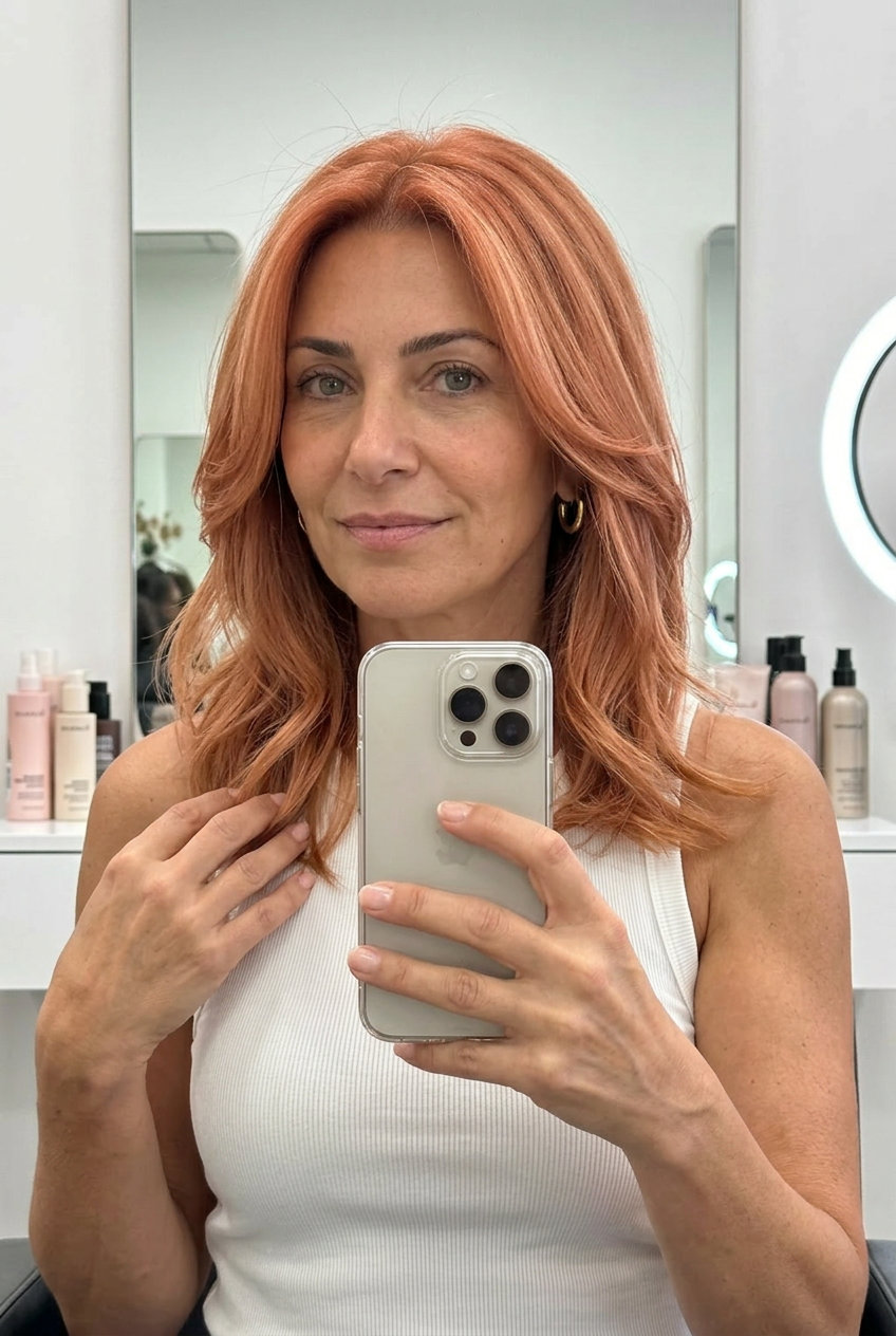 collarbone-length apricot wave haircut with peachy blonde highlights for summer