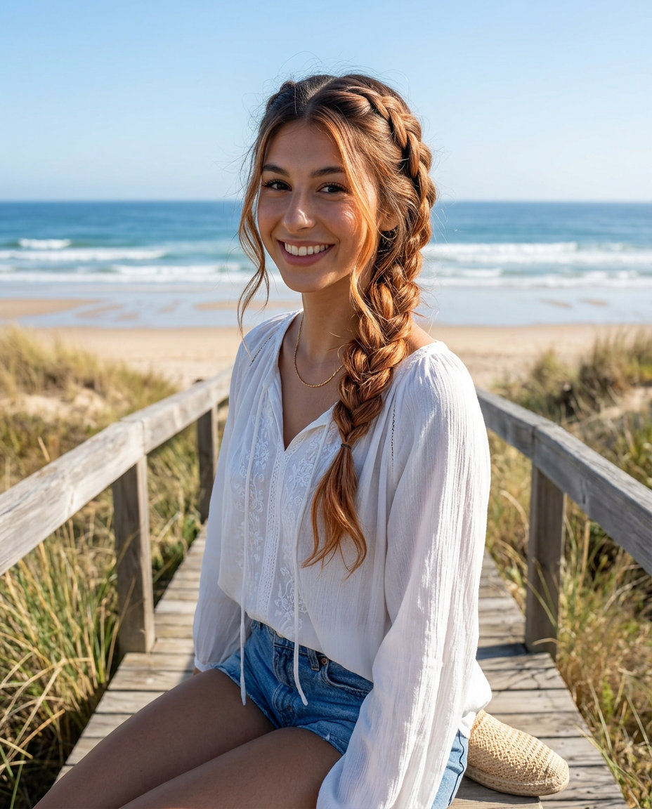 long loose French braid with apricot copper and strawberry blonde ribbons, bohemian texture for summer