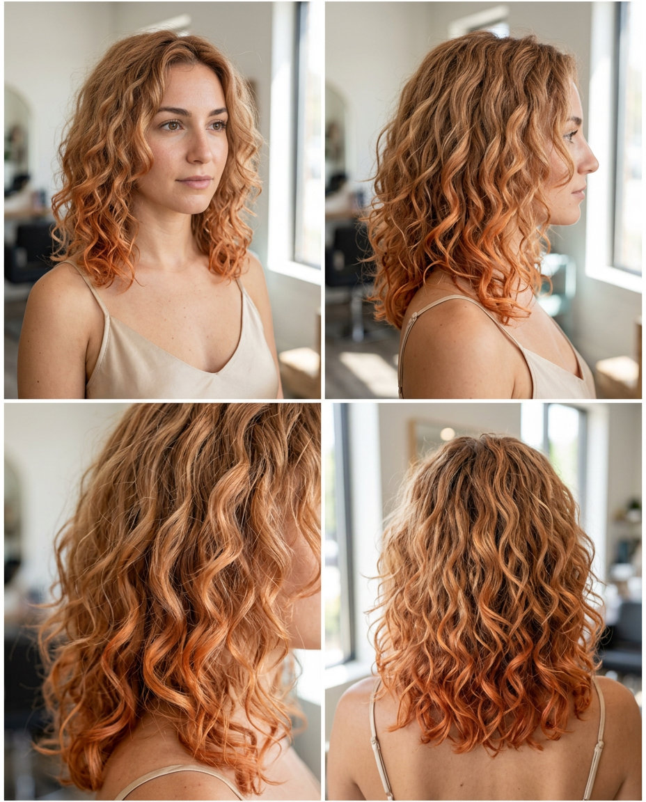 Summer Strawberry Blonde Dip-Dye 2026 long curly strawberry blonde dip-dye with apricot copper ends, vibrant blend — music festival