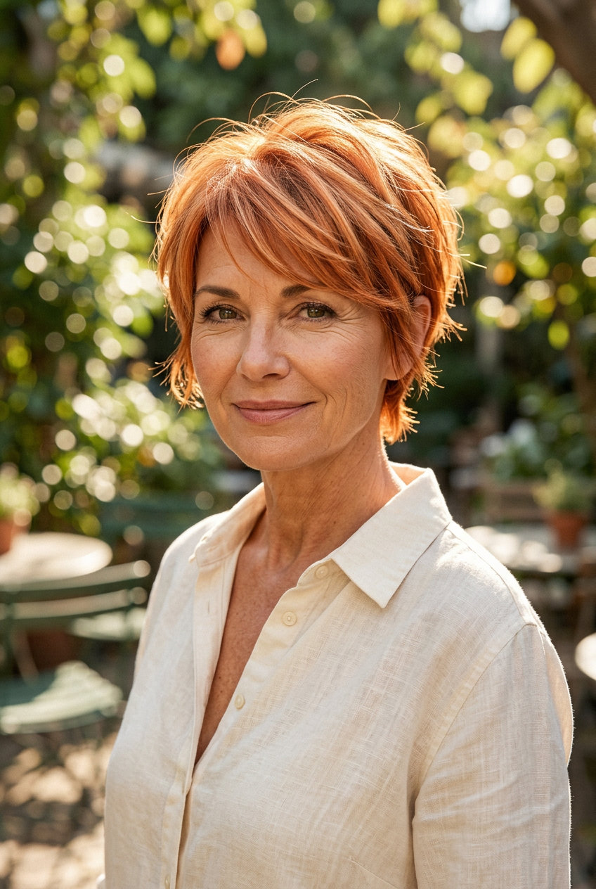 short razored pixie haircut with apricot copper and strawberry blonde babylights, tapered nape — playful modern retro