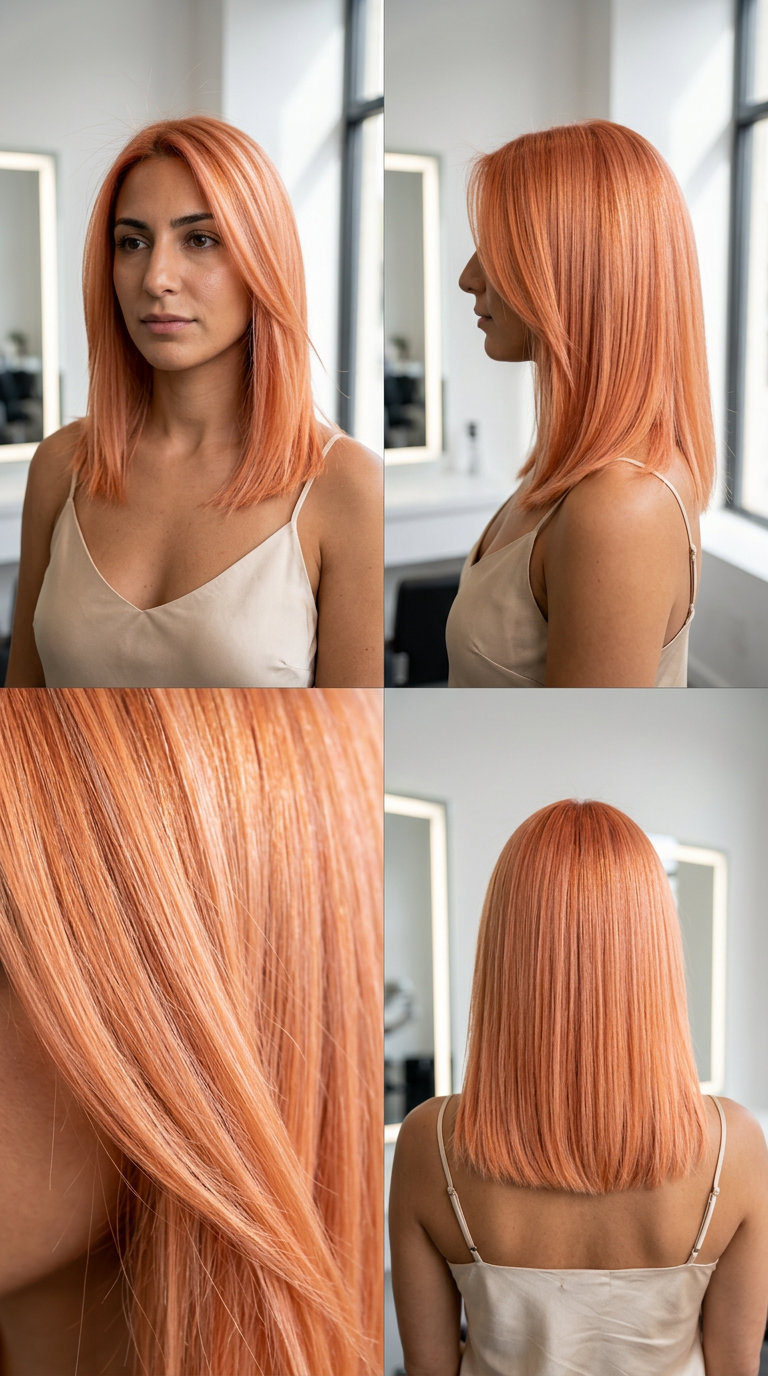 blunt bob strawberry blonde hair color with global gloss, no bangs — bold vibrant