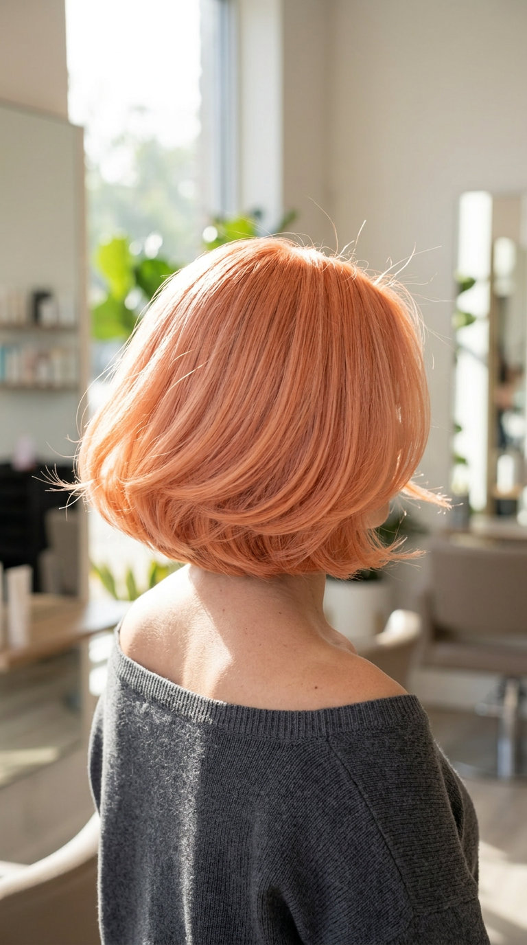 chin-length blunt bob haircut with apricot crush color, deep side part for round face