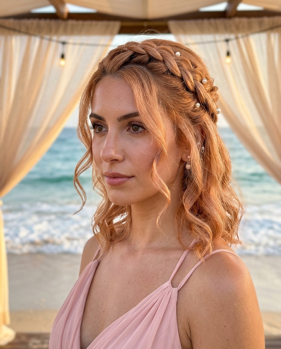 Pearl Braid Crown Half Up Half Down 2026 long apricot crush half up half down with Dutch braid crown and pearl accents for wedding
