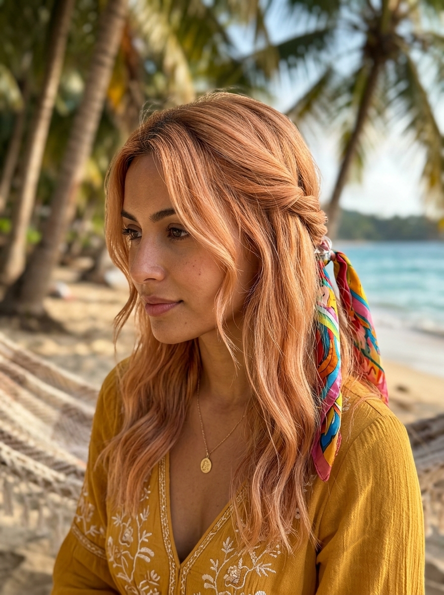 long half-up twist with scarf accent, apricot crush color, bohemian style for summer
