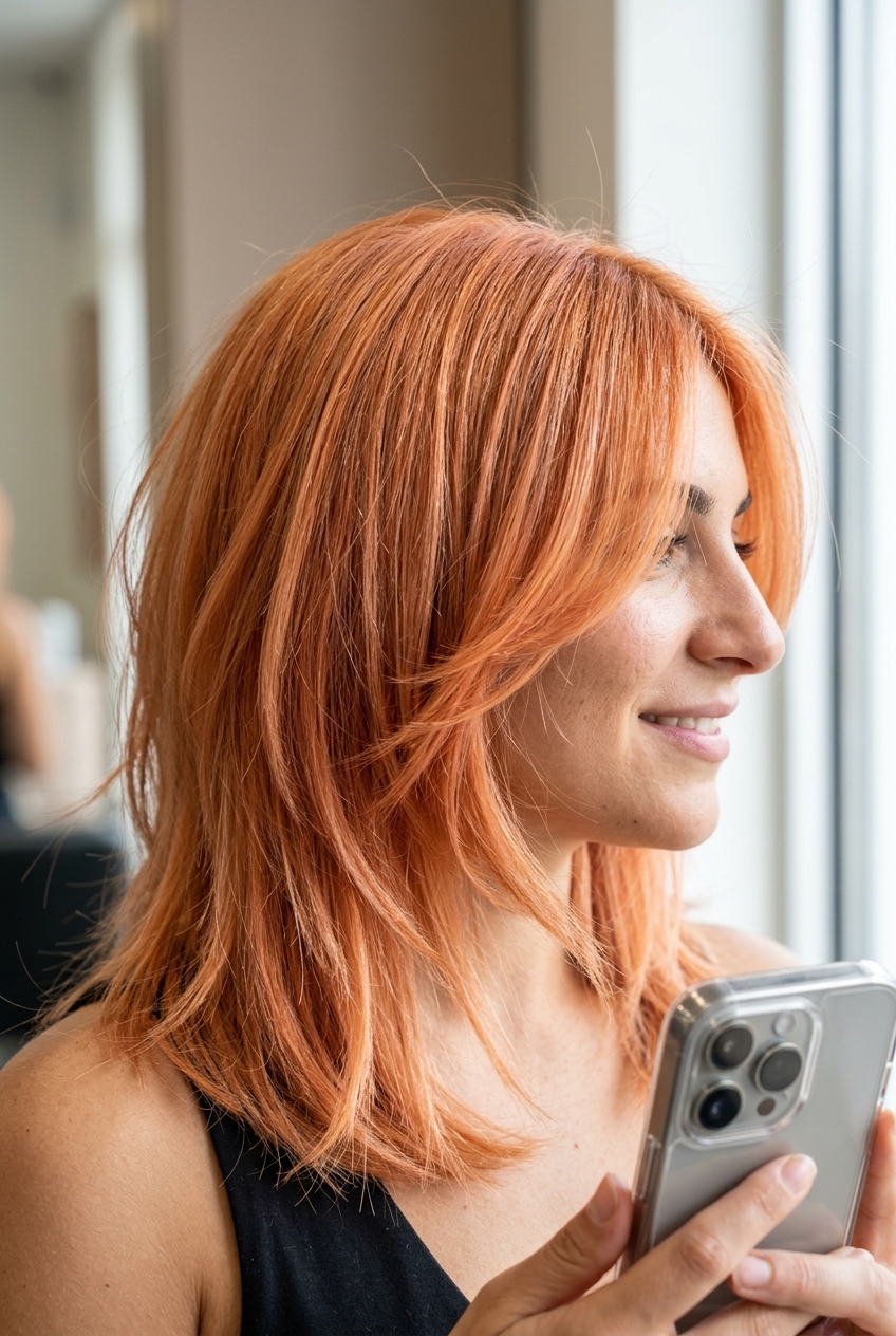 medium apricot crush butterfly haircut with peach highlights and choppy face-framing for festival