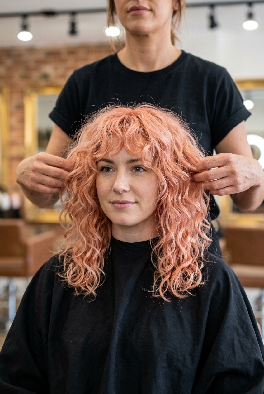 medium curly shag haircut with apricot crush pastel peachy-pink for summer