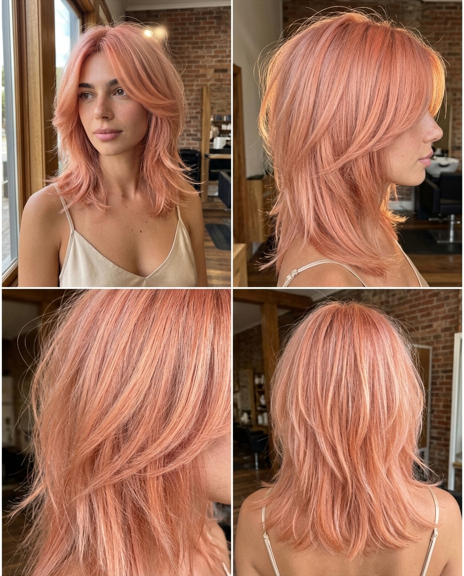 medium kitty cut haircut with apricot crush pastel peachy-pink for summer
