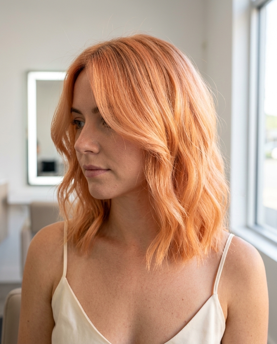 medium lob apricot crush glaze hair color with rose gold undertones, point-cut ends, romantic playful mood