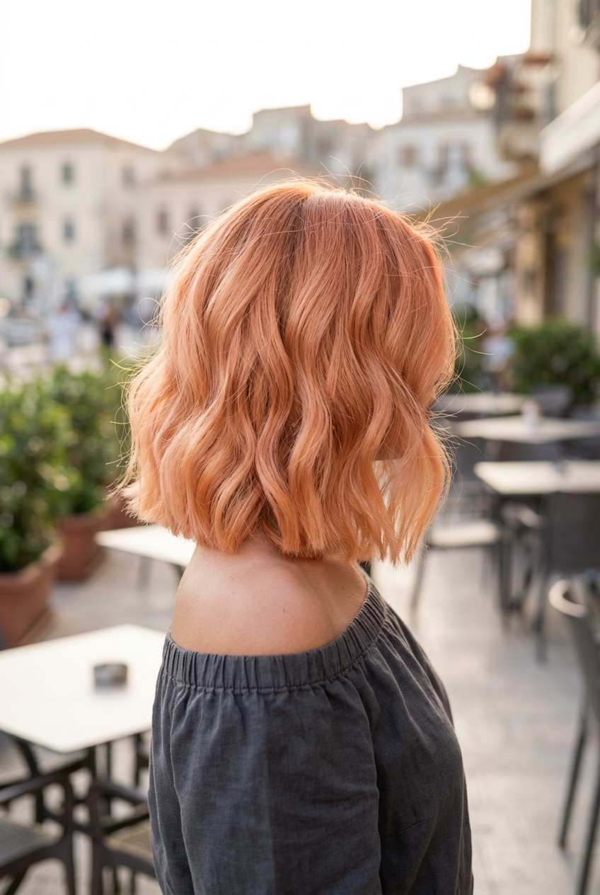 medium blunt lob haircut in apricot crush with peach undertones, voluminous waves for parties