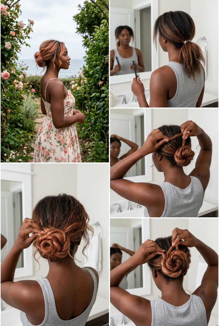 medium rose bun with apricot crush texture, twisted petals, face-framing tendrils — romantic garden party