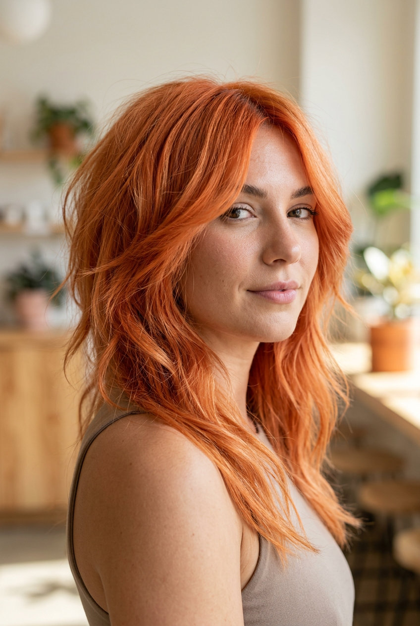 mid-length apricot crush butterfly haircut with peach highlights and razored layers for festivals