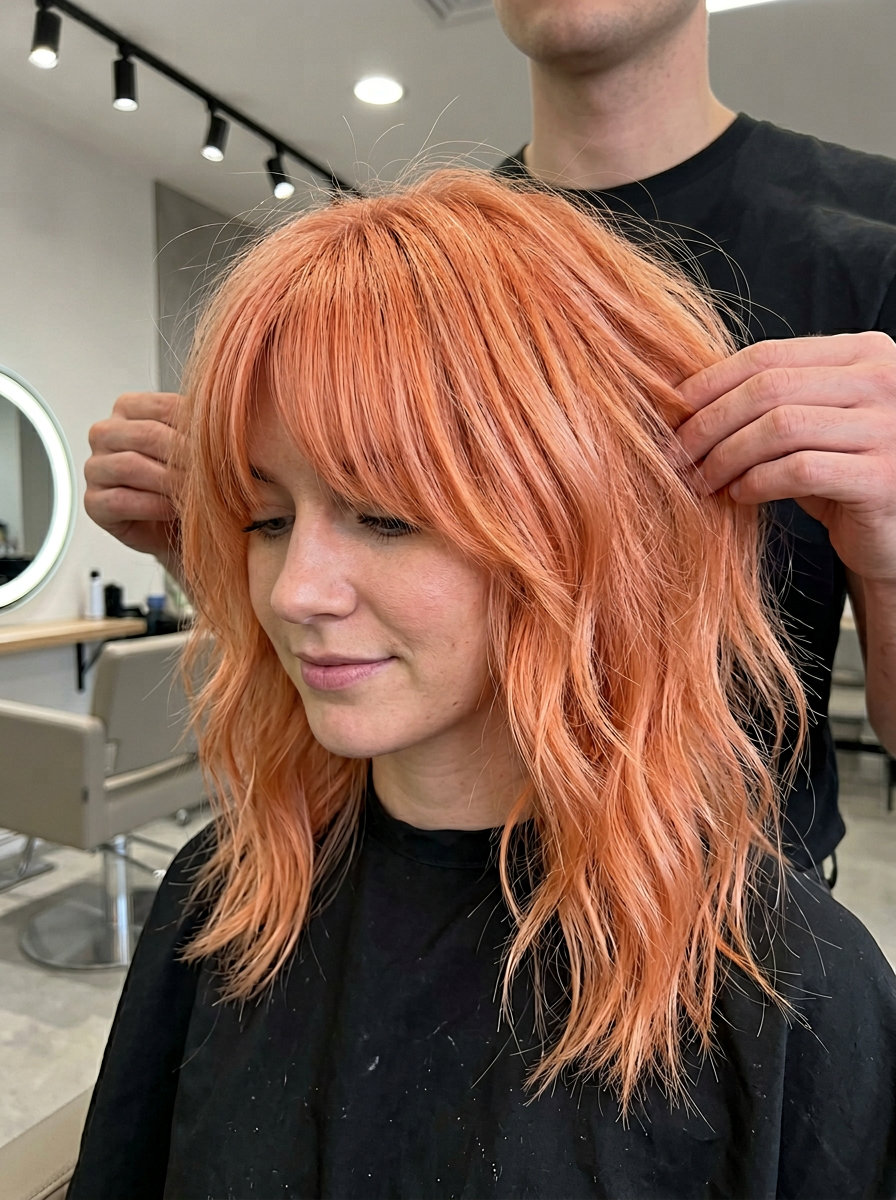 mid-length shag haircut with apricot crush color and bottleneck fringe for summer