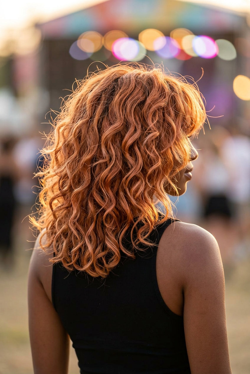 mid-length shag haircut with apricot crush color, strawberry blonde highlights, layered curls — playful and funky