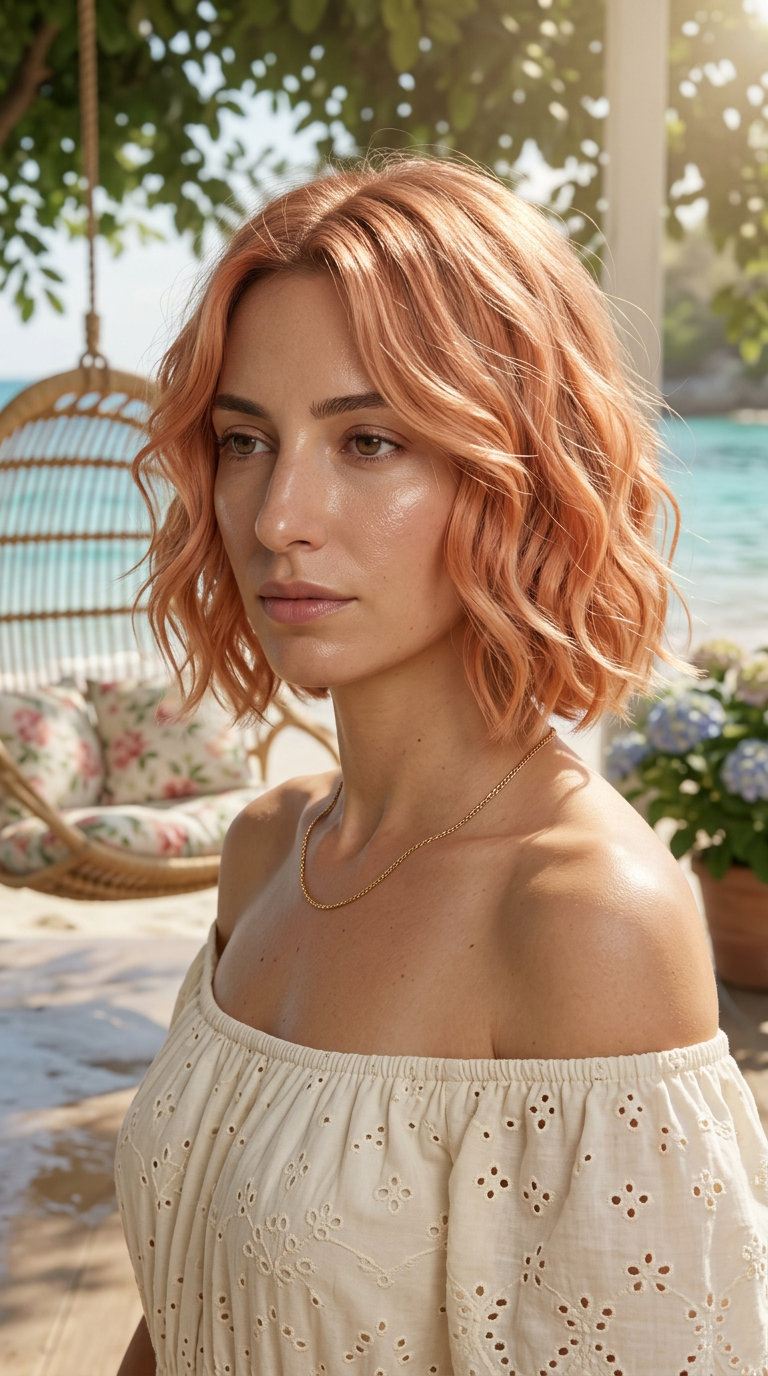 Apricot Crush Bob 2026: Soft & Romantic short Italian bob with apricot crush color, soft waves, no fringe — romantic weekend brunch