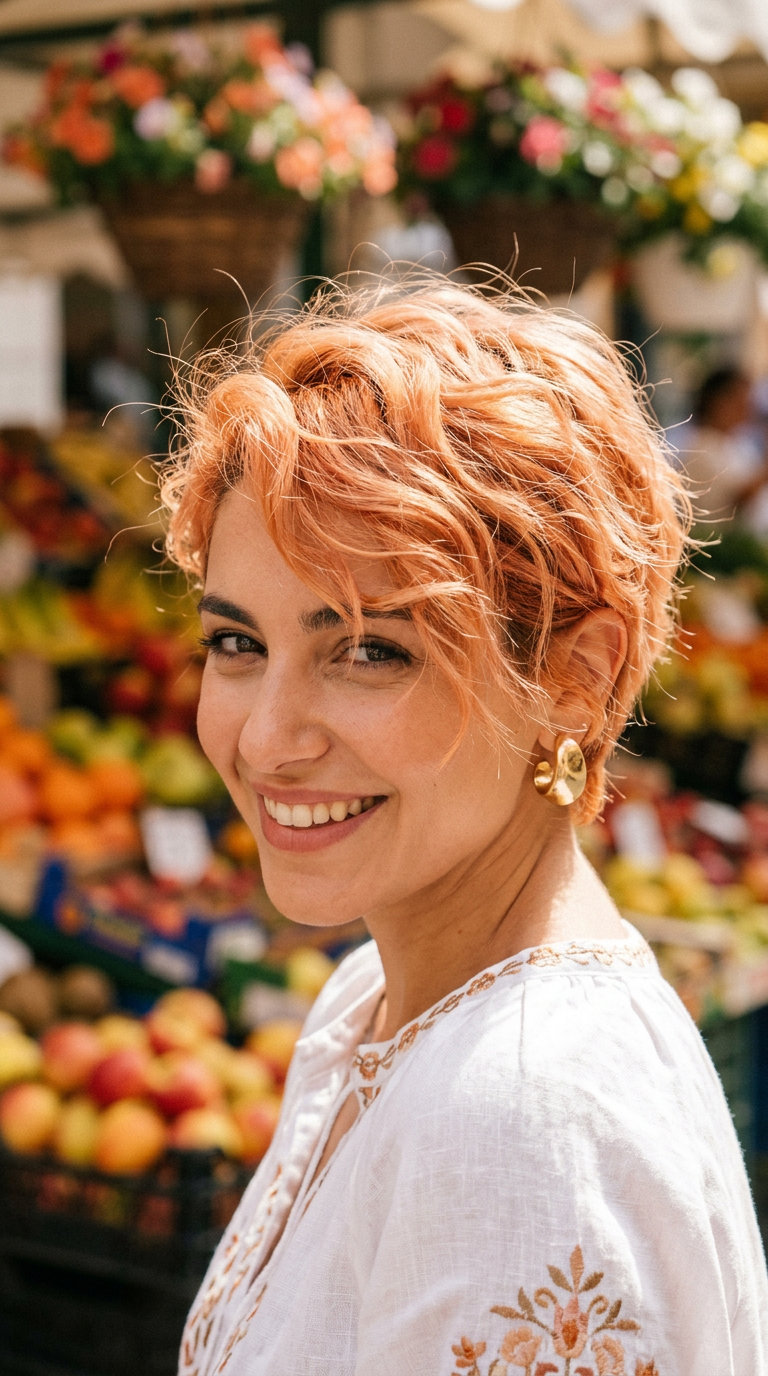 Apricot Crush Pixie 2026: Playful Waves short pixie haircut with apricot crush color, tousled waves, no fringe — playful summer vibe
