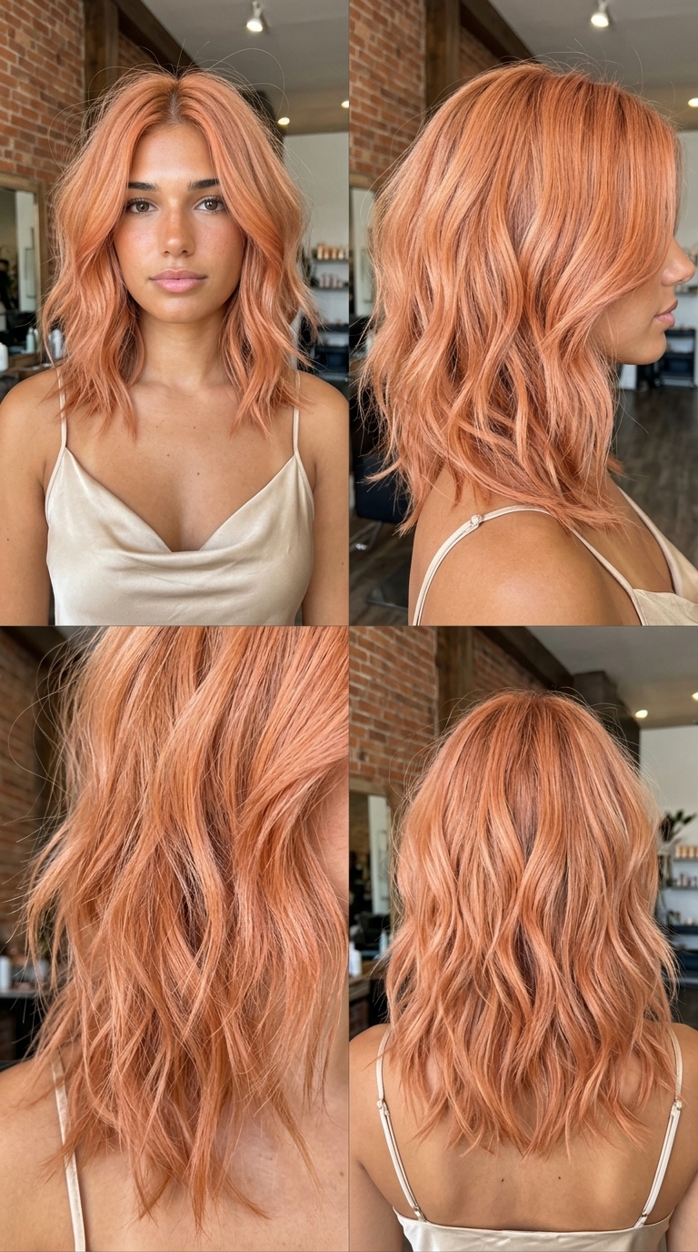 shoulder-length apricot crush lob haircut with choppy ends and face-framing layers for summer