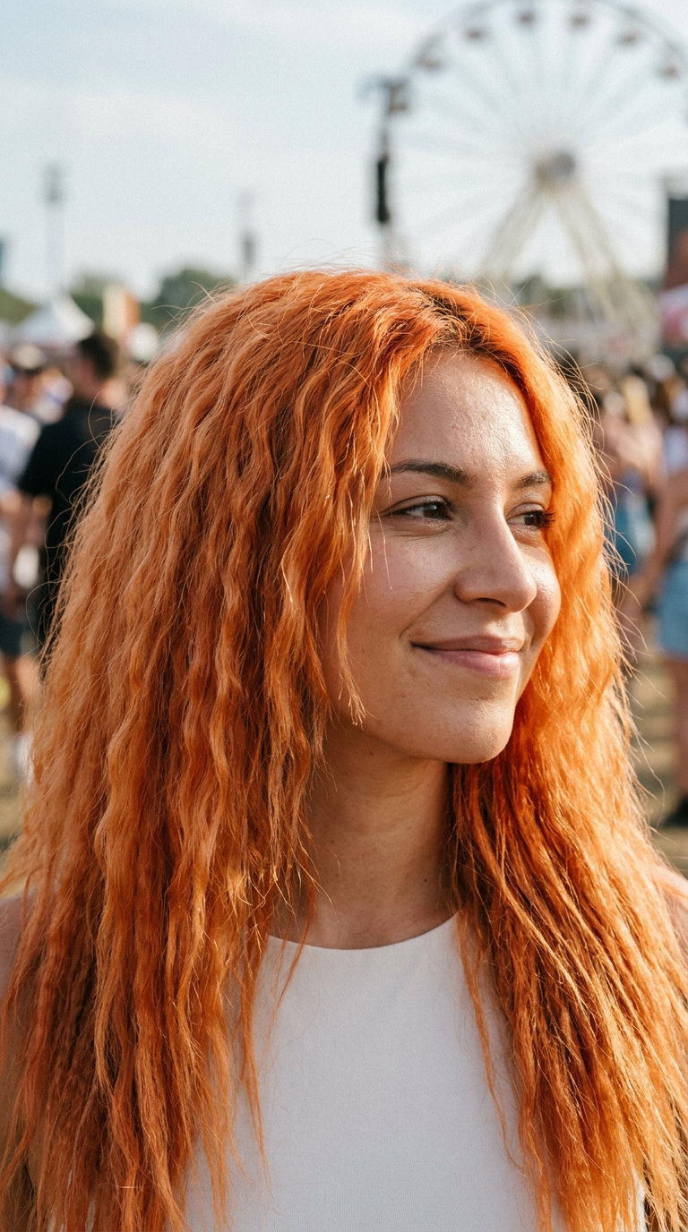 long apricot crush crimped texture with beach spray for festival fun
