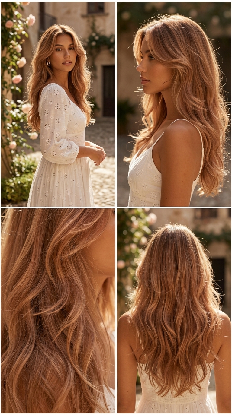 long layered haircut with apricot crush color, face-framing layers, and V-cut back for summer