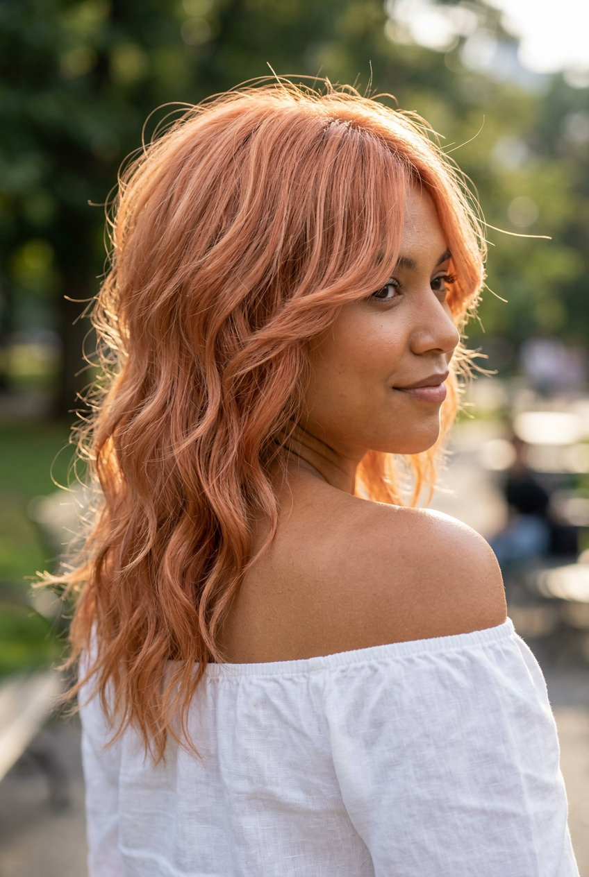 long apricot wolf cut with muted orange-pink, babylights, piecey ends — radiant summer festival look