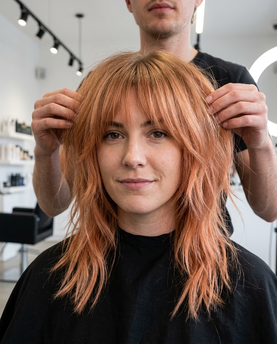 medium apricot pastel shag haircut with choppy layers and brow-grazing bangs for festivals