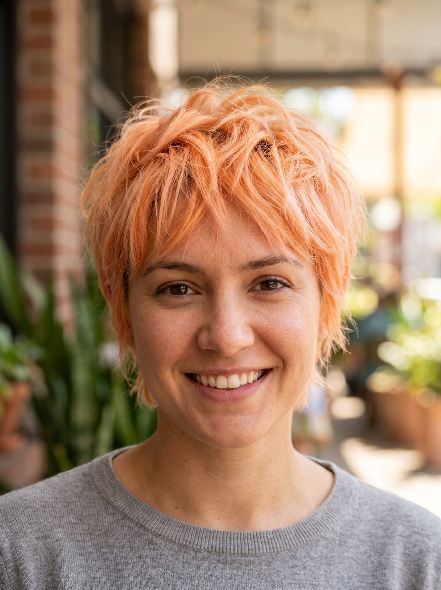 very short pixie haircut in pastel apricot orange with peach tones, choppy fringe, tapered sides — playful textured