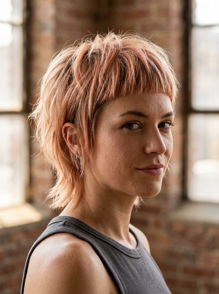 short razored pixie shag haircut in apricot crush with micro-bangs, choppy layers — edgy summer haircut 2026
