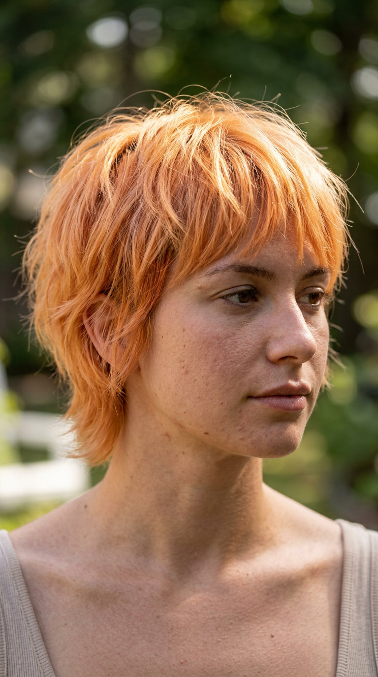 short apricot wolf pixie with warm peach & soft copper, razored layers, choppy fringe — playful vibrant style
