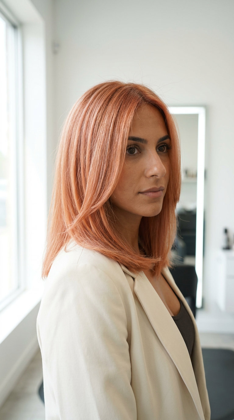 Apricot Nectarine Strawberry Glaze 2026 long bob strawberry blonde glaze with sheer apricot peach, radiant shine — summer