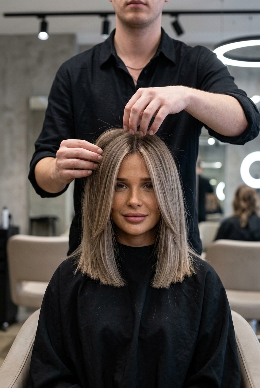 medium blunt lob haircut with ash beige blonde and sandy brown base, soft waves for casual chic