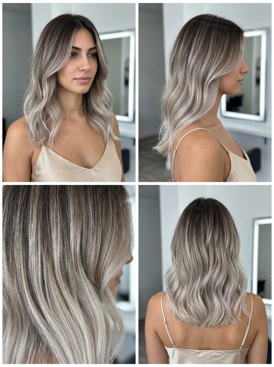 long ash blonde color melt with deep ash root, cool beige mid-lengths — playful modern casual