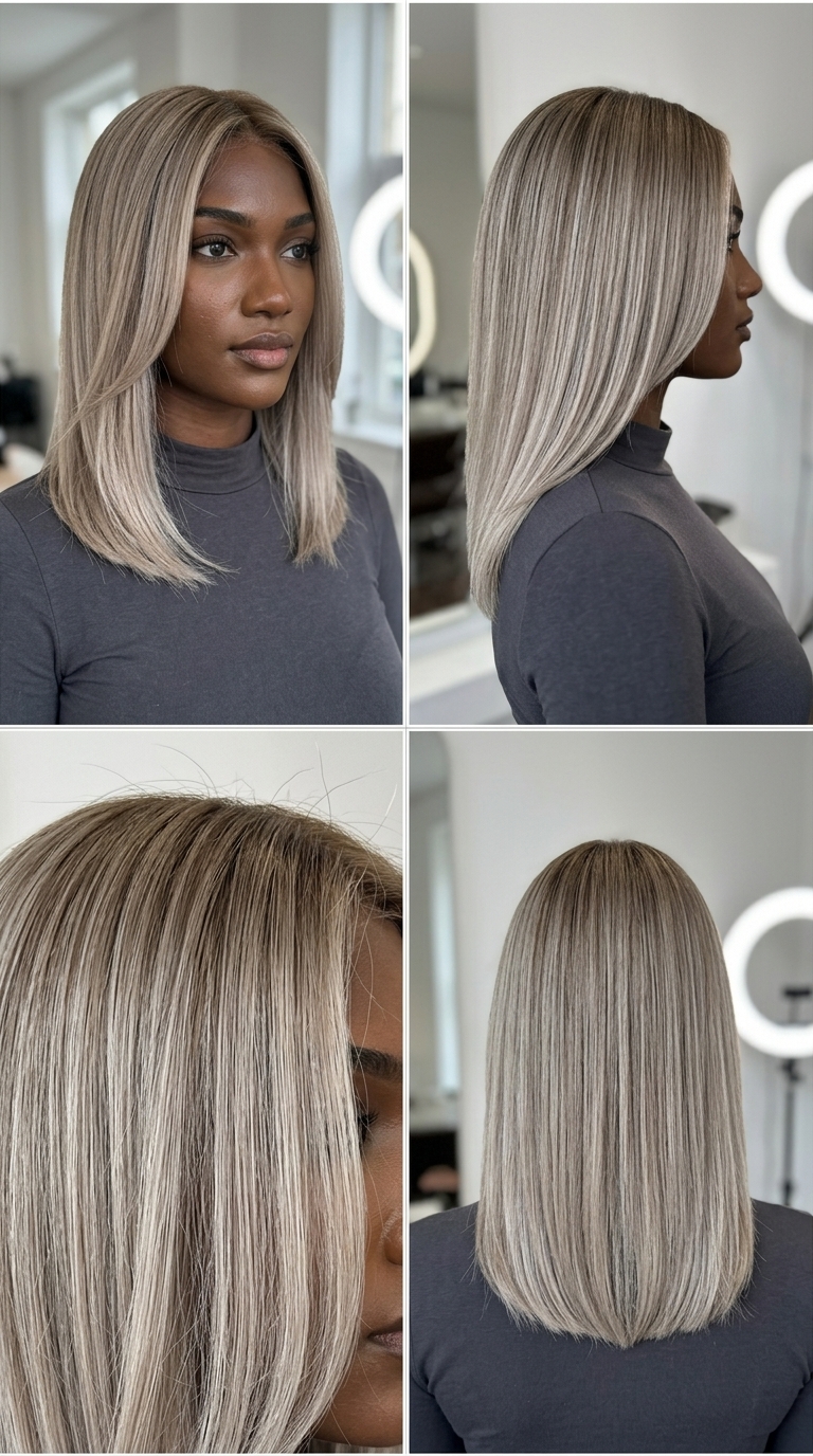 long neutral blonde to ash blonde sombré, blunt lob for sophisticated minimalism