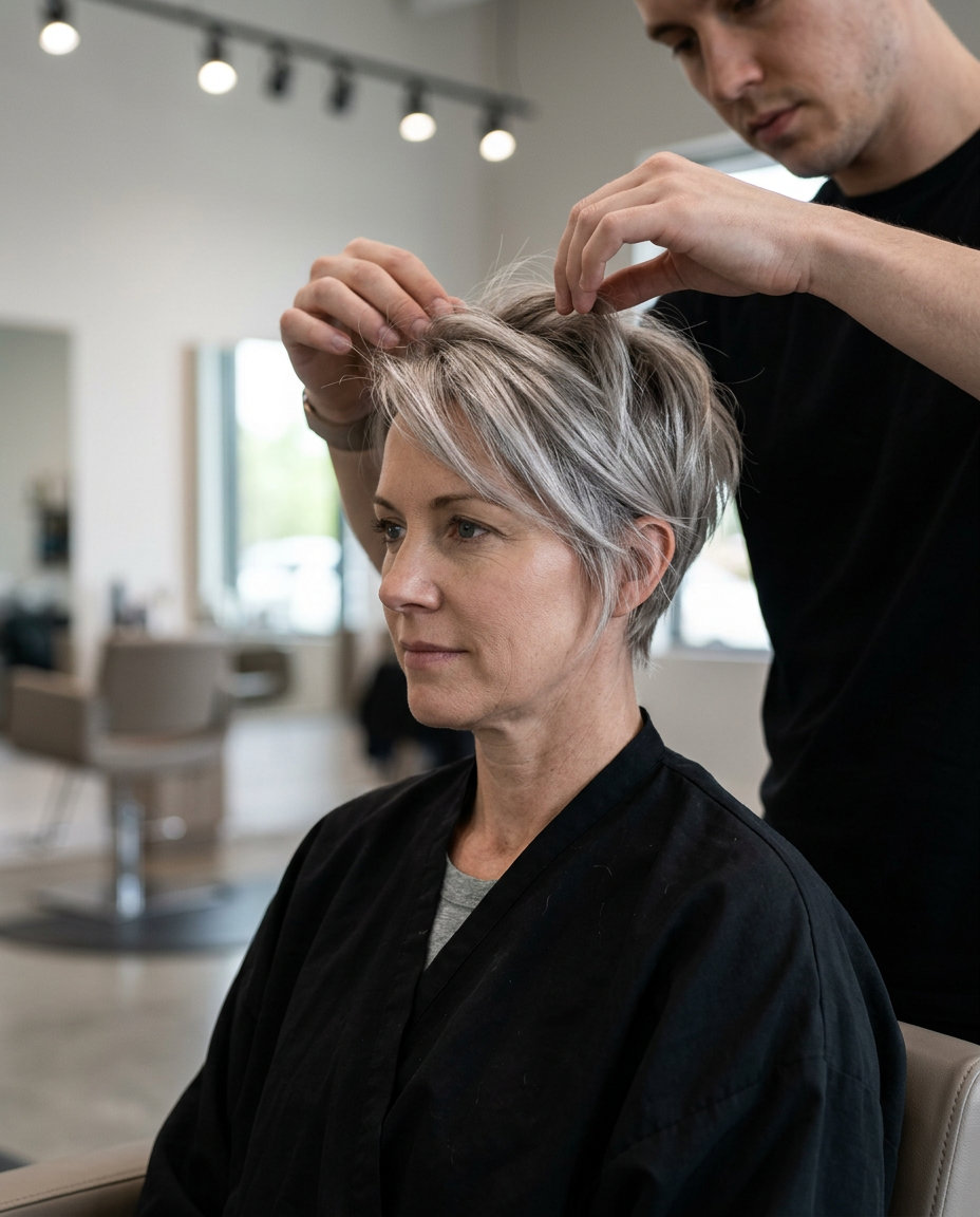 Modern Textured Pixie Haircut 2026 longer-on-top ash blonde pixie haircut with silver babylights and razored edges for edgy looks