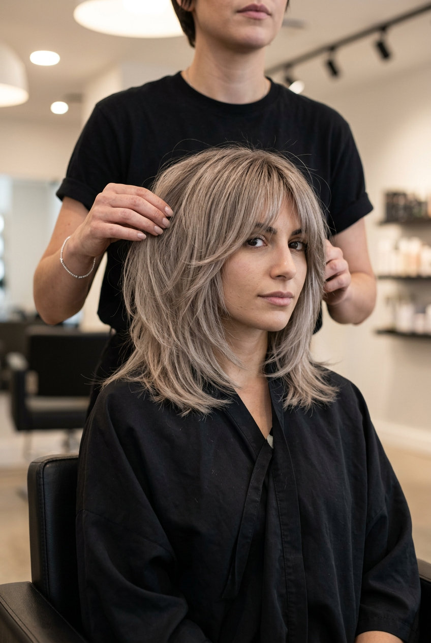 medium shag haircut in muted ash blonde with cool beige undertones, razored layers — edgy, playful, retro