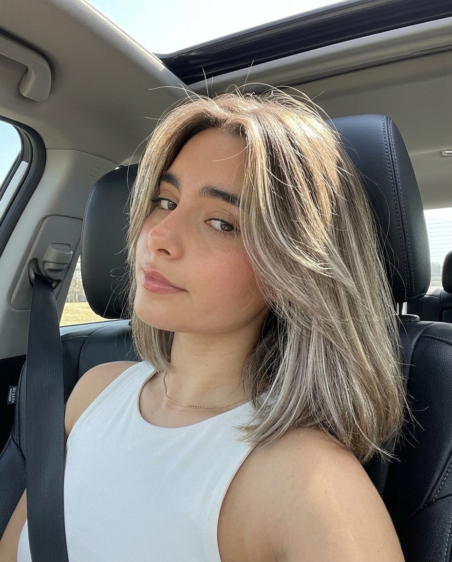 long ash blonde peekaboo highlights with hidden cool ash, no fringe — playful