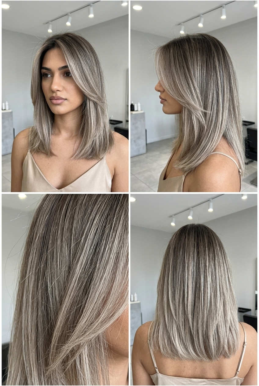 long ash blonde reverse balayage with deep cool ash lowlights, no fringe — dimensional