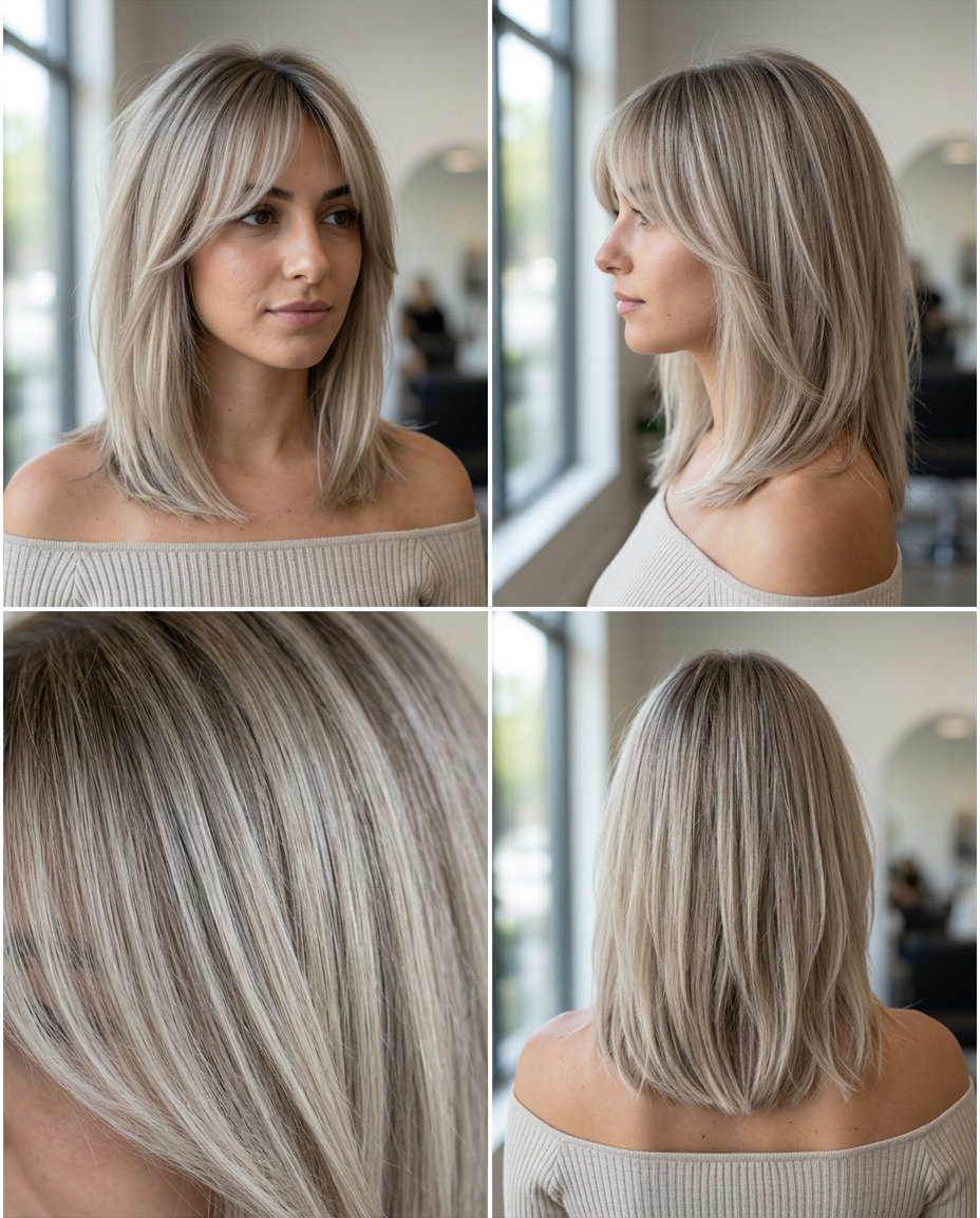 shoulder-length haircut with cool ash blonde and neutral root smudge, diffused internal layers, curtain bangs — sophisticated modern