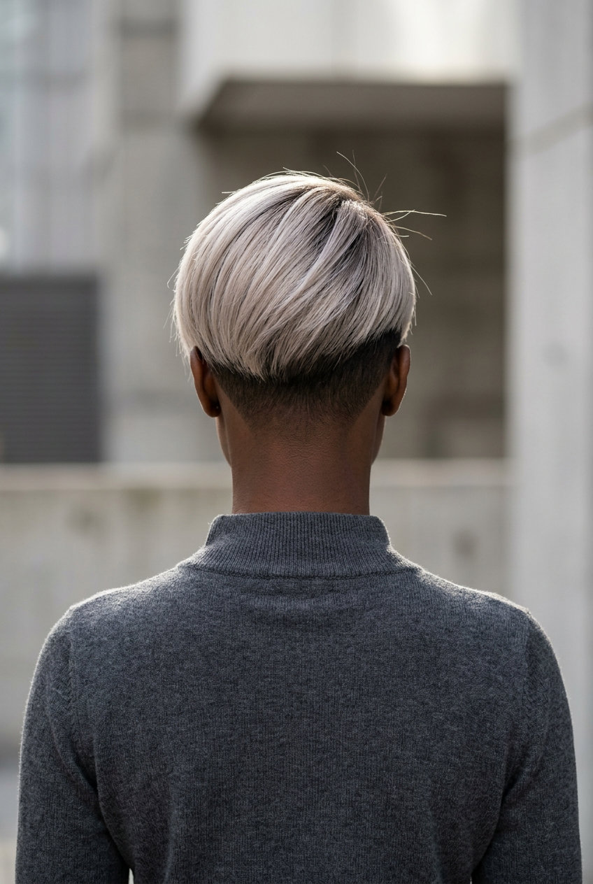 very short pixie haircut in cool ash blonde with dark roots, undercut, side-swept fringe — edgy modern