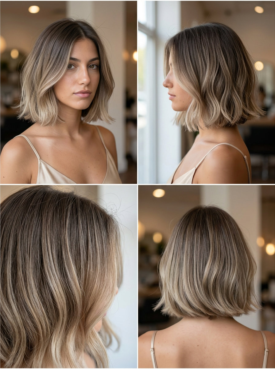 chin-length Italian bob in ash brown to muted beige blonde ombré with natural root for summer