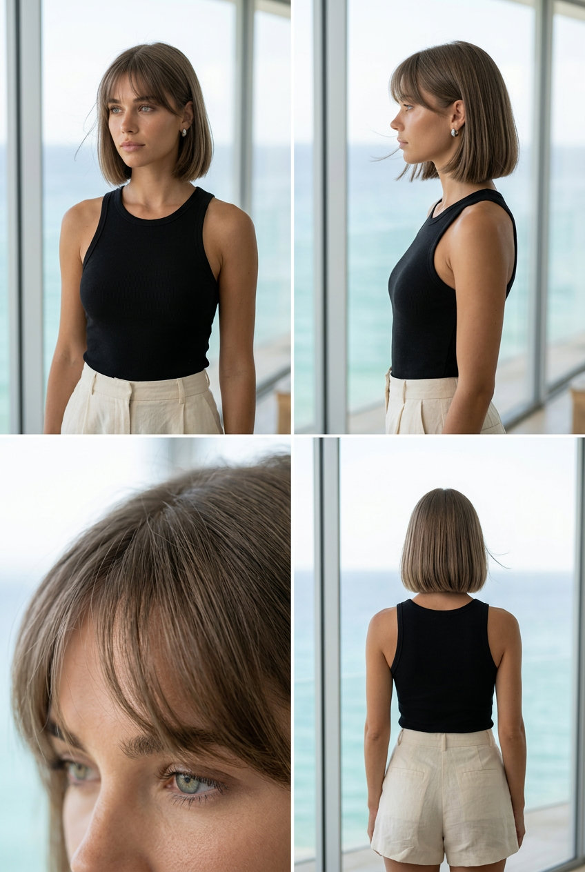 chin-length ash brown blunt bob with wispy bangs for summer