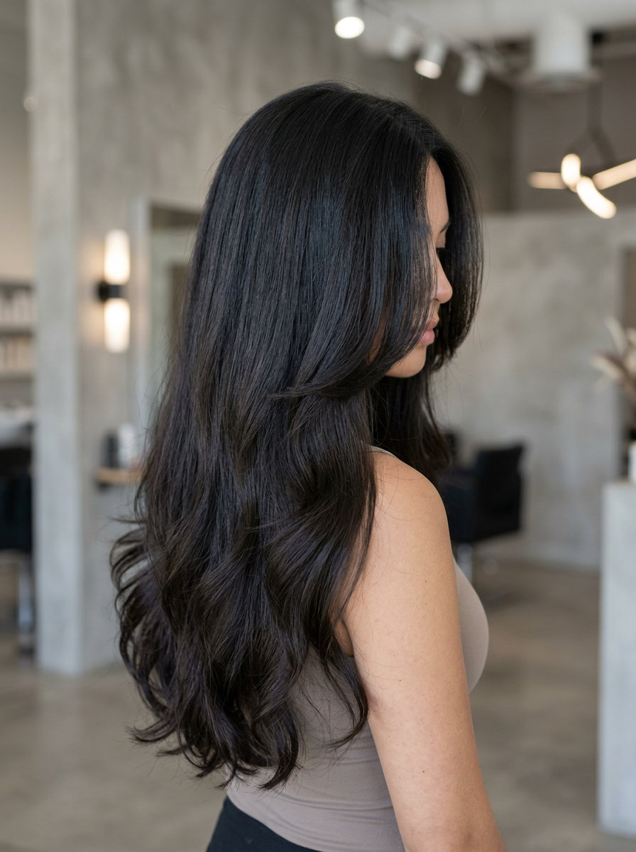 long haircut in deep ash brown with charcoal micro-highlights, internal ghost layers, no fringe — sophisticated professional style