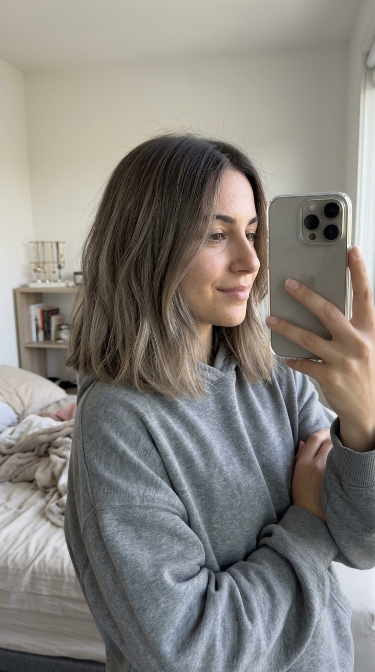 medium blunt lob haircut with ash brown ombré and cool undertones, diffused waves for weekend