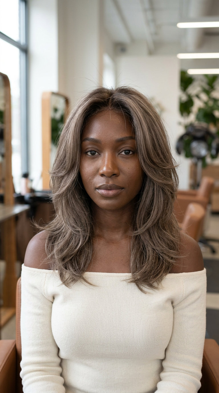 medium-long soft cloud cut with ash brown and beige babylights, internal layering, face-framing layers — soft ethereal look
