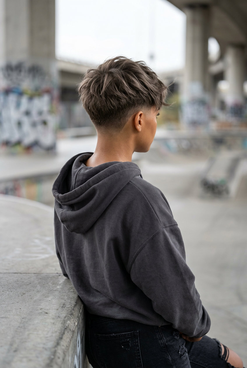 short textured crop haircut in ash brown with clipper fade and textured top for summer