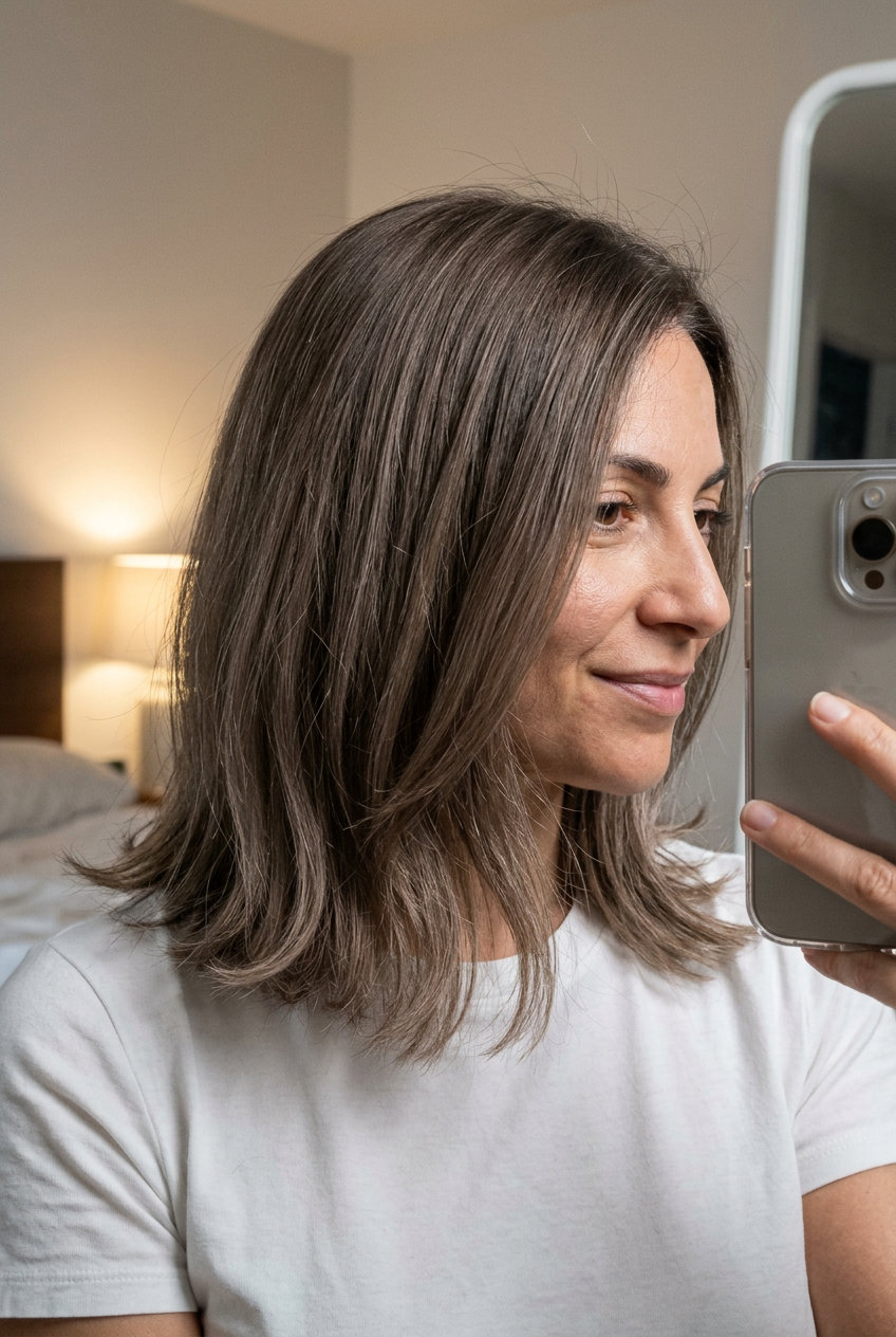 Ash Brown Lob Haircut 2026 shoulder-length ash brown lob with blunt ends and subtle layers for professional chic