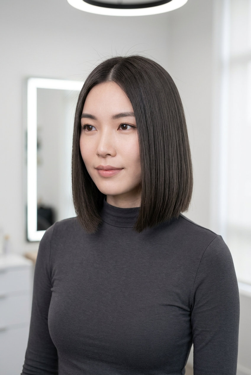 chin-length ash brunette blunt bob with charcoal undertones for professional style