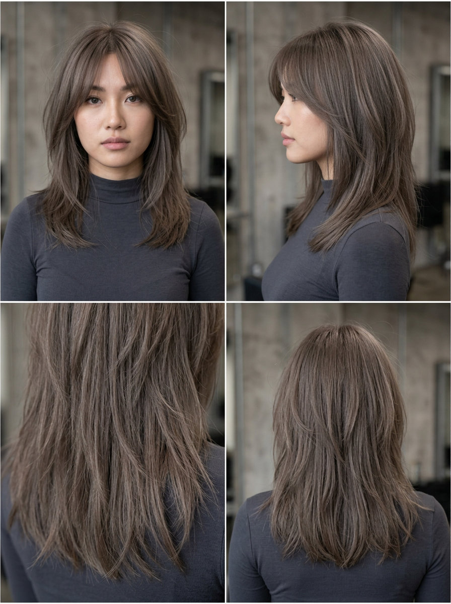 collarbone-length shag with cool ashy brunette color and blended curtain bangs for edgy effortless style