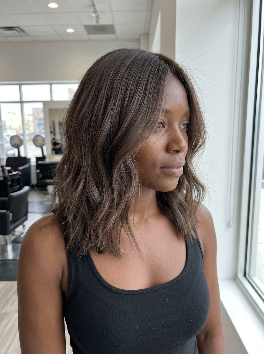shoulder-length ashy mocha brunette hair color with babylights, micro-foiling for summer 2026